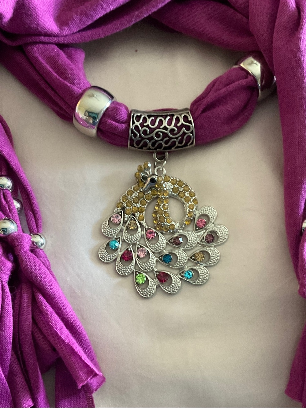 Violet Fashion Scarf w/ Peacock Rhinestone Scarf Holder Statement Accessory